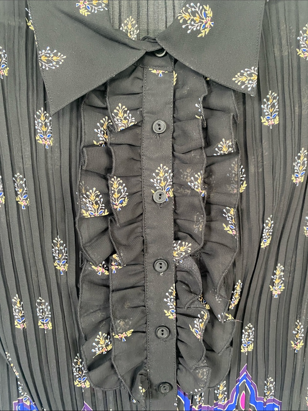 KEREN HART Black Ruffle Button-Front Blouse with Blue Yellow & Pink Florals - Picture 4 of 15